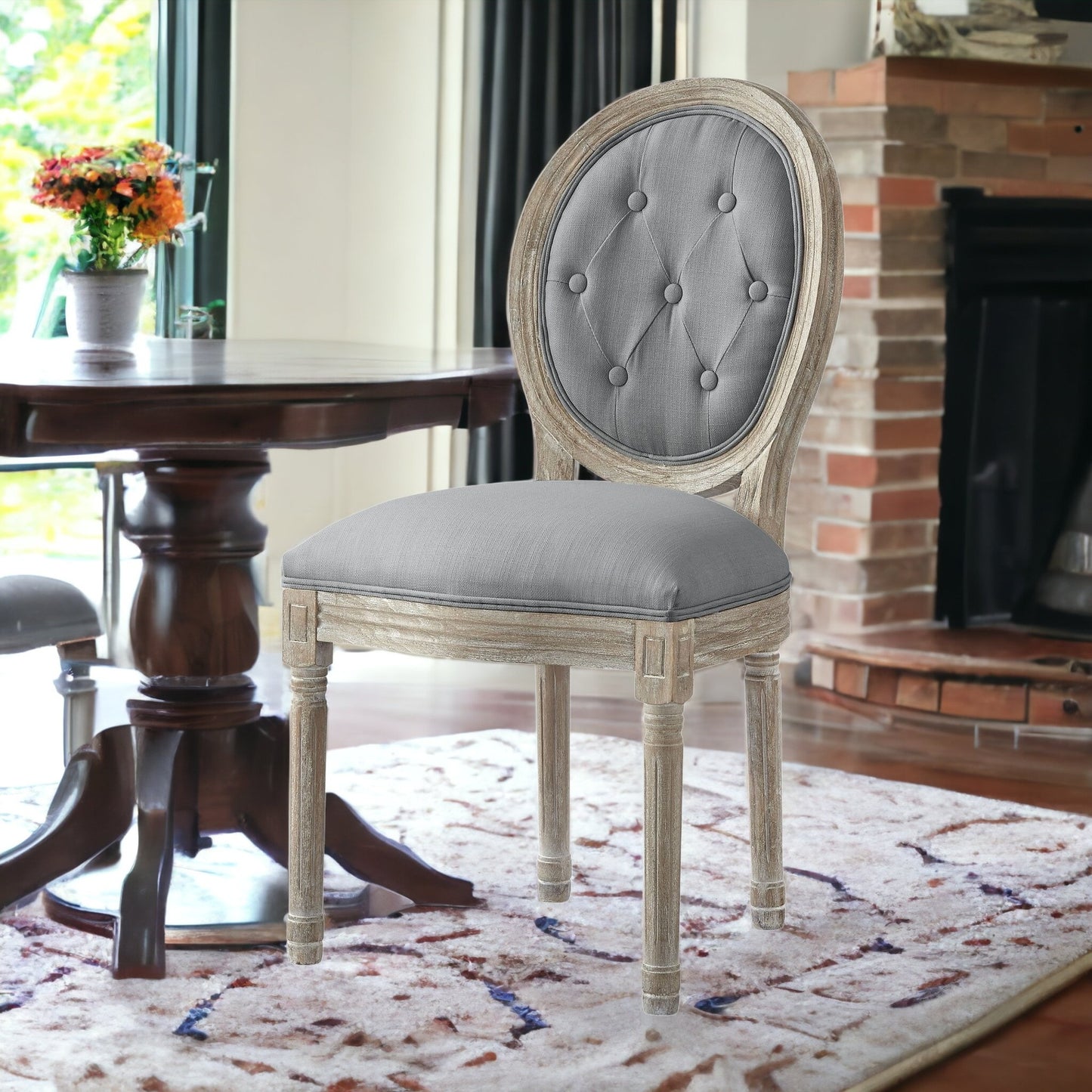 Tufted Gray and Brown Upholstered Linen Dining Side Chair