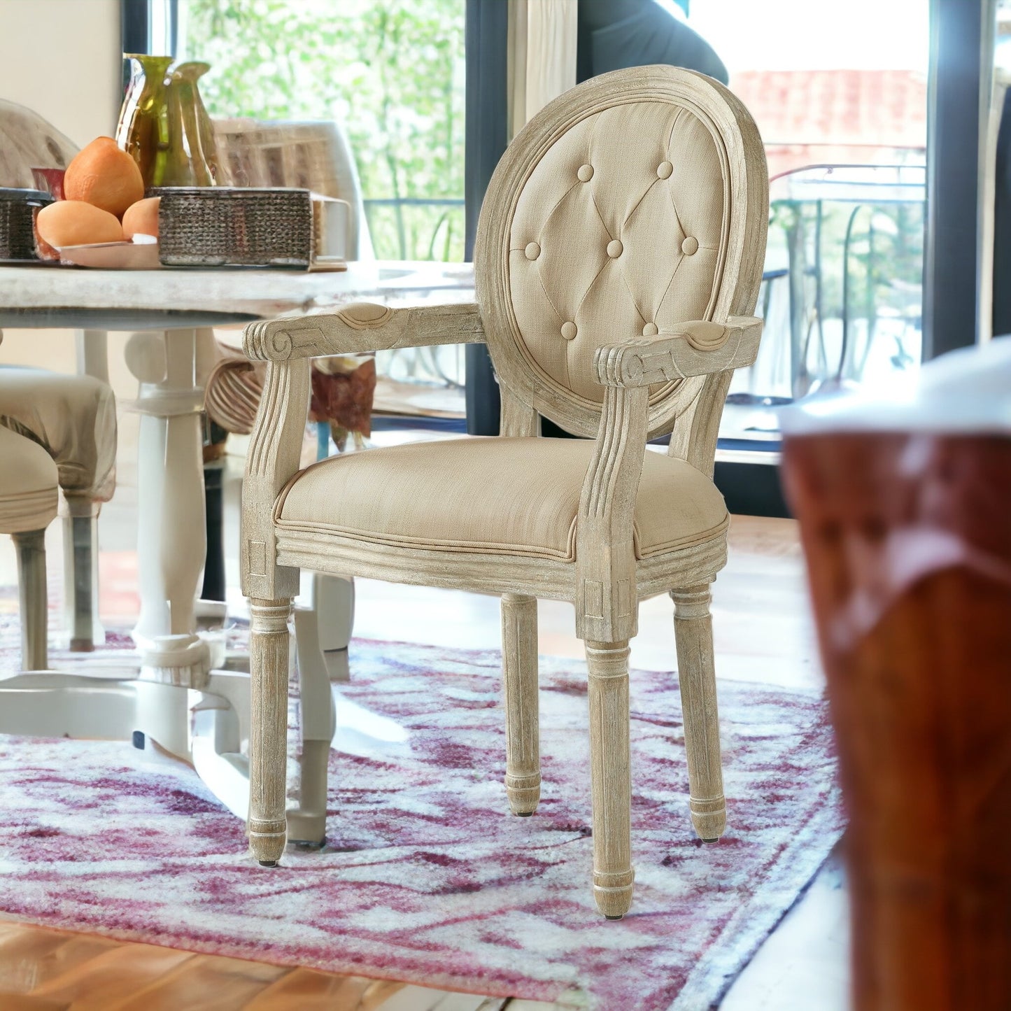 Tufted Navy Blue and Brown Upholstered Linen Dining Arm Chair