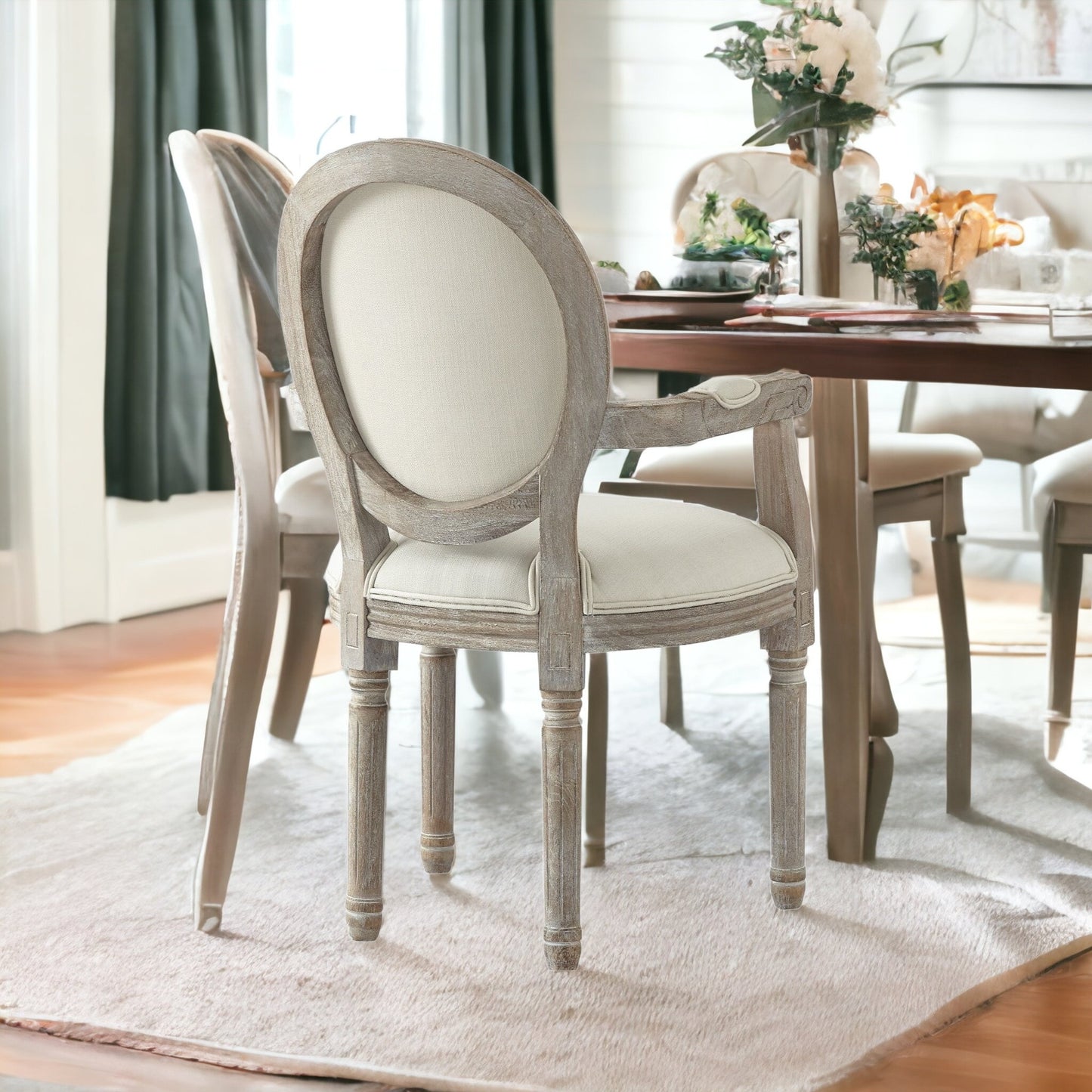 Tufted Navy Blue and Brown Upholstered Linen Dining Arm Chair