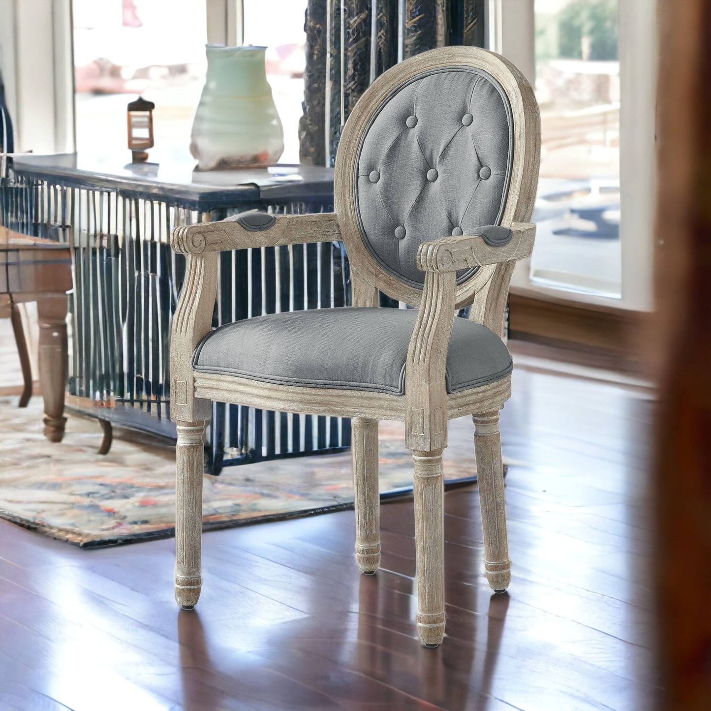 Tufted Beige and Brown Upholstered Linen Dining Arm Chair