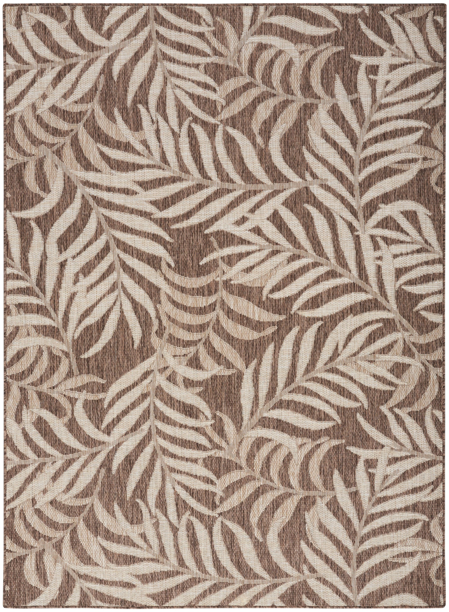 Brown textured area rug with cream palm-leaf botanical pattern.