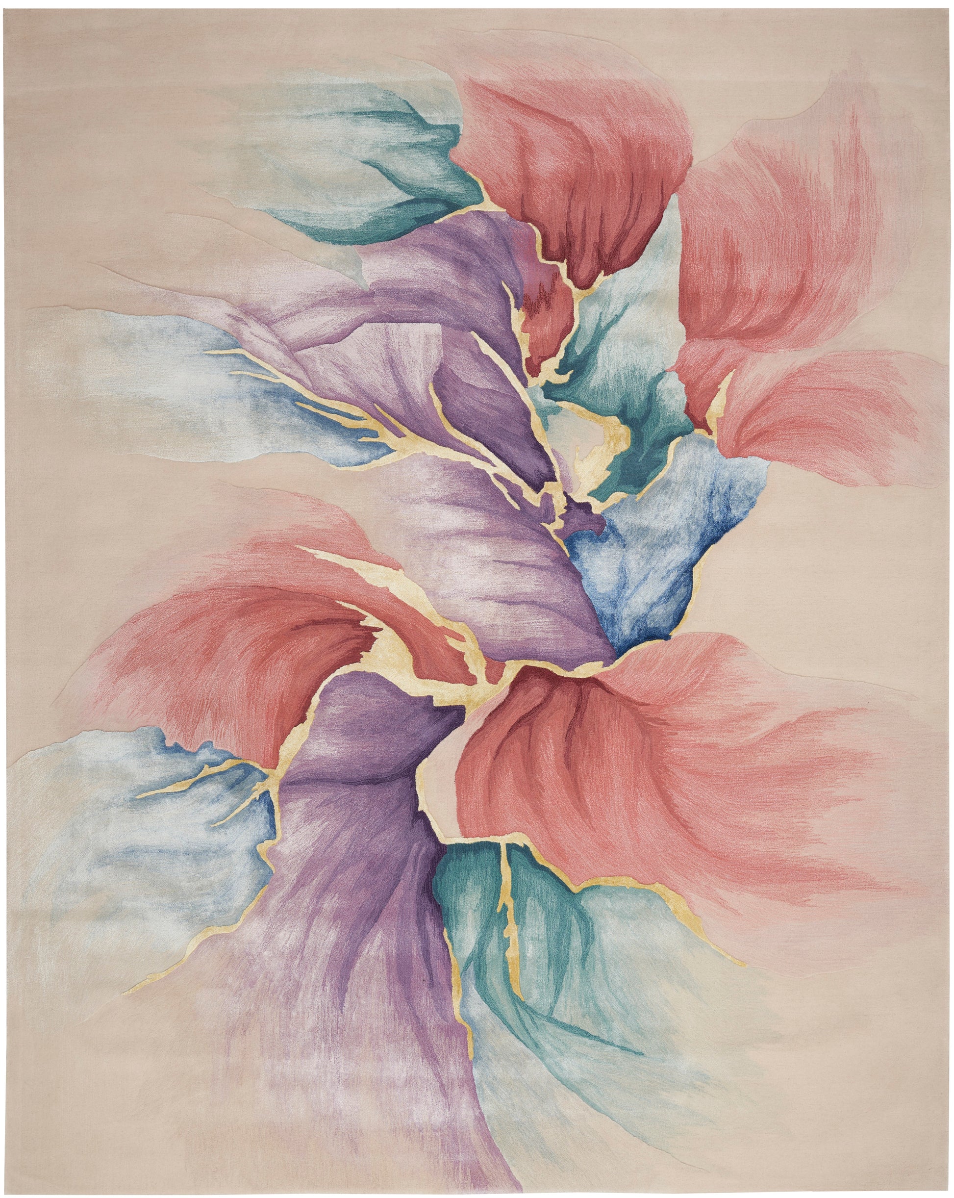 Abstract floral rug with watercolor petals in pink, lavender, teal and blue, gold outlines on beige background.