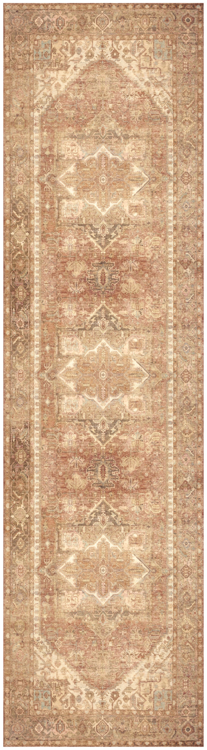 Beige-brown Persian-style woven runner rug with ornate central medallion motifs and decorative border.