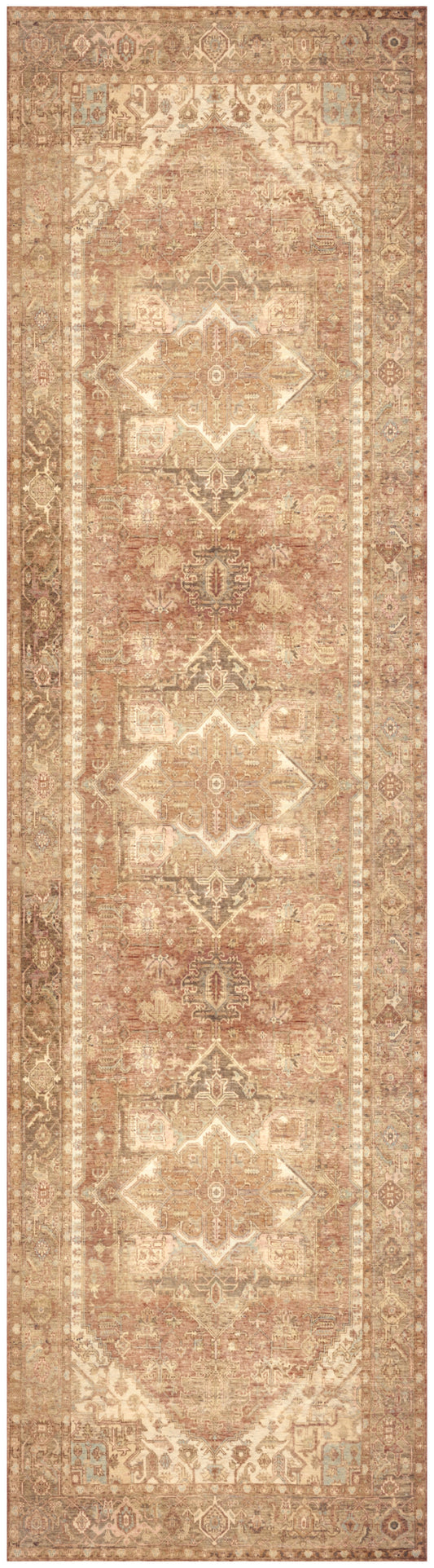 Beige-brown Persian-style woven runner rug with ornate central medallion motifs and decorative border.