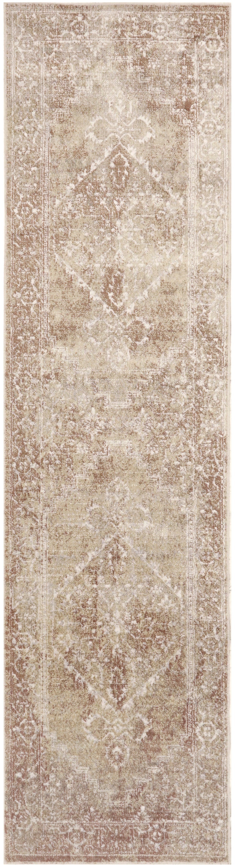 Long beige distressed runner rug with faded oriental diamond medallions in taupe and ivory.