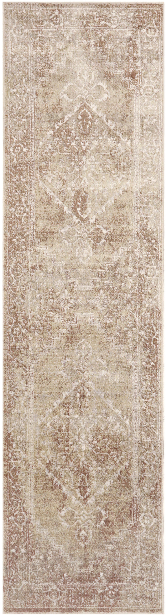 Long beige distressed runner rug with faded oriental diamond medallions in taupe and ivory.