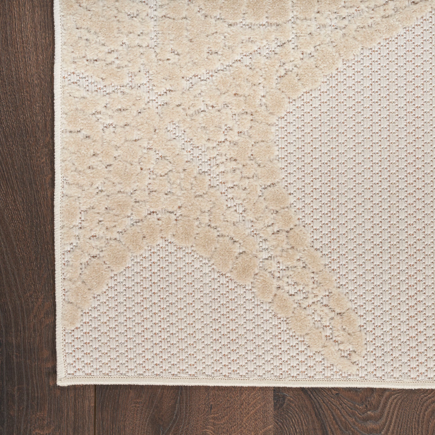 Beige rectangular outdoor rug with raised leafy damask pattern and textured lattice sections on floor.