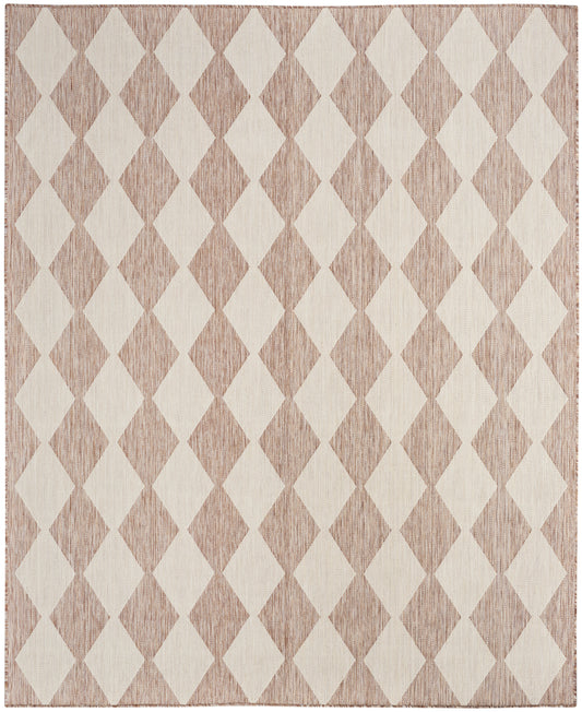 Rectangular woven rug in beige and taupe with a diamond pattern; geometric, textured surface.
