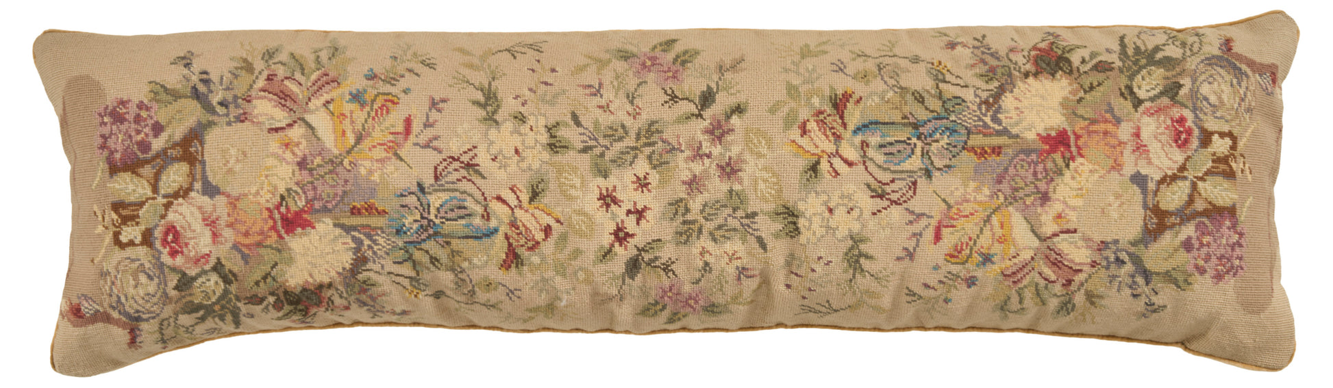 Long beige tapestry bolster pillow with multicolor floral and bird motif; decorative sofa/bed accessory.