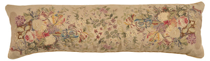 Long beige tapestry bolster pillow with multicolor floral and bird motif; decorative sofa/bed accessory.