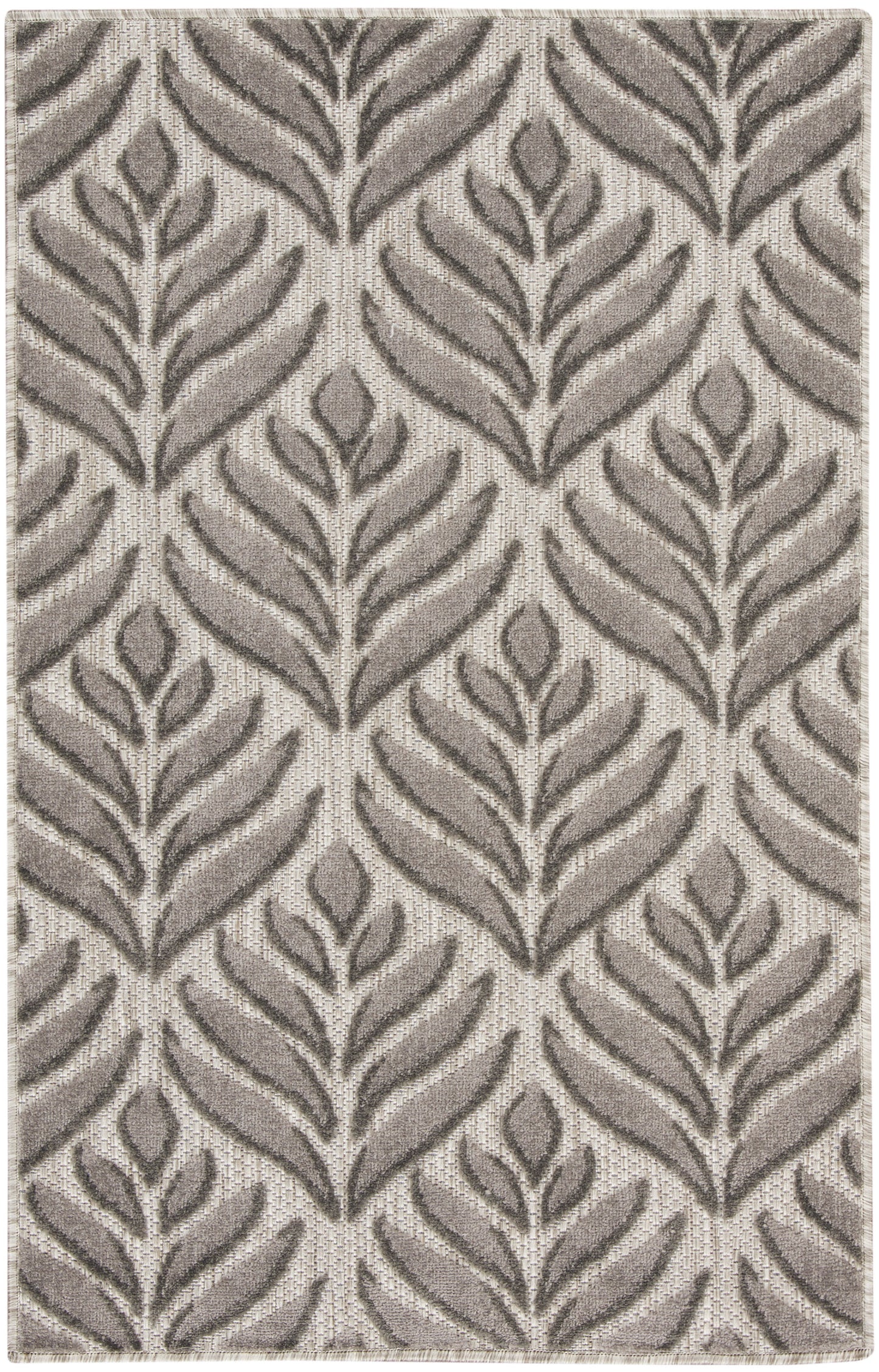 Taupe and beige woven rug with a repeating fern-like leaf pattern and textured surface.