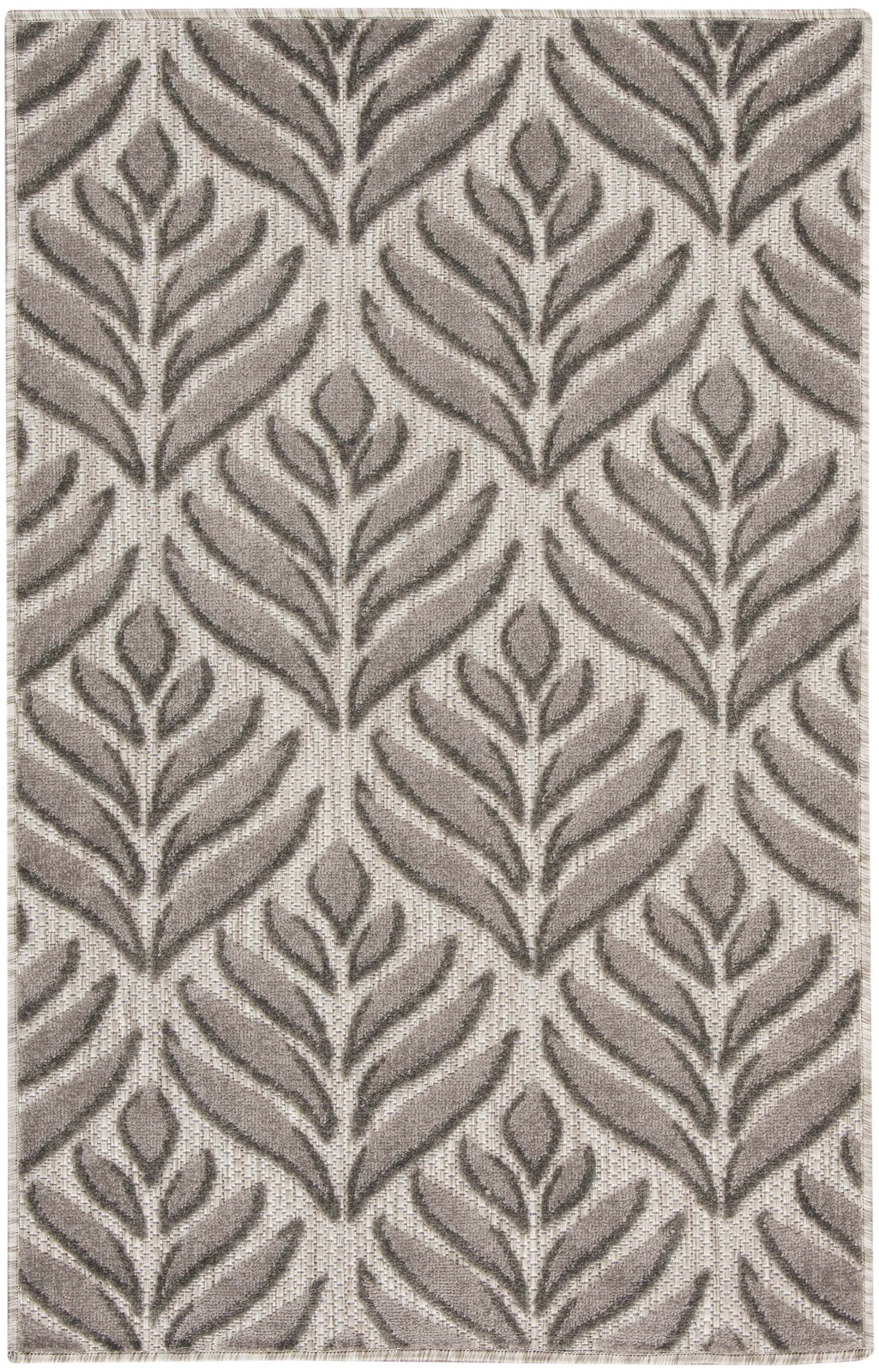 Taupe and beige woven rug with a repeating fern-like leaf pattern and textured surface.