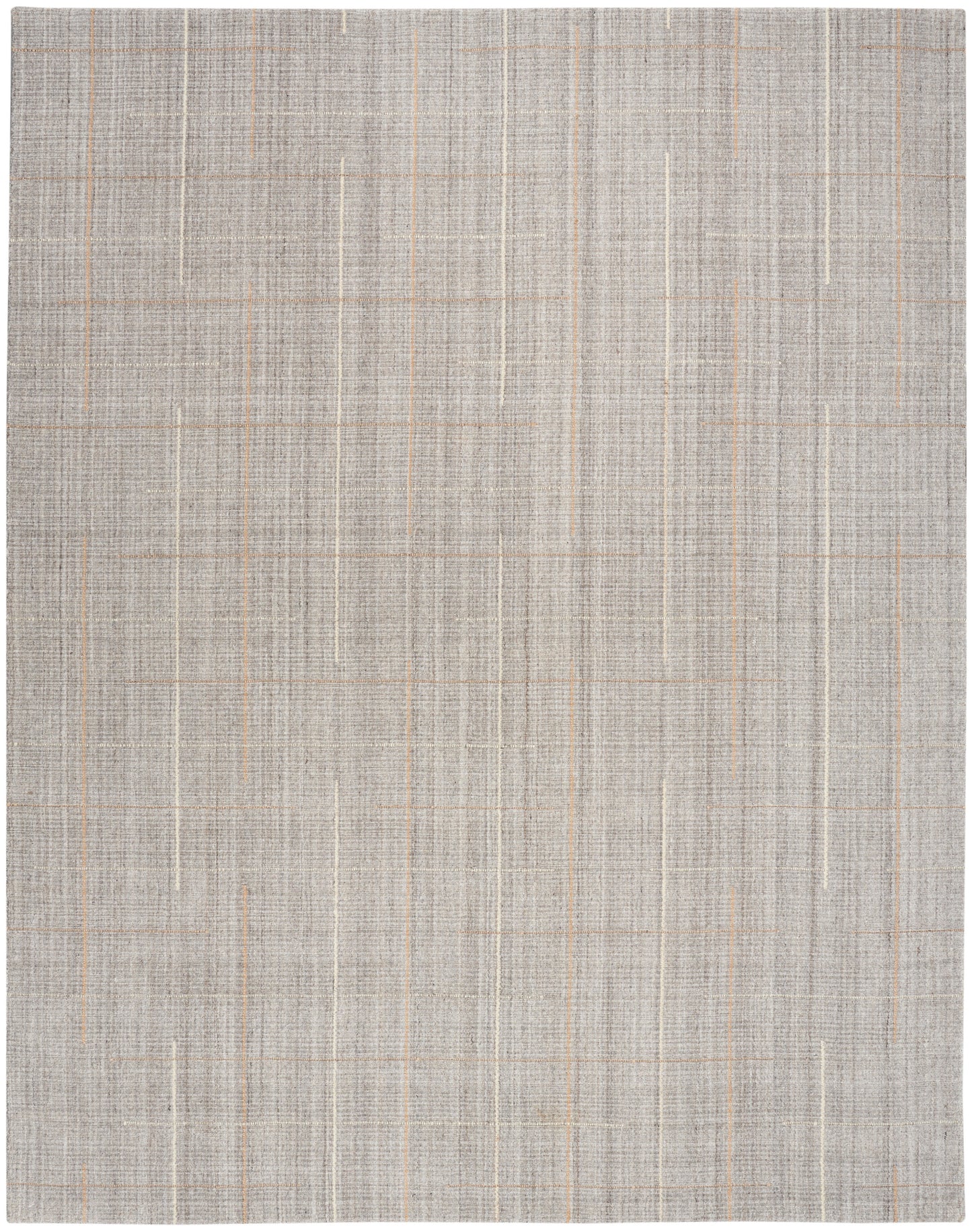 Neutral beige-gray woven rug with subtle vertical and horizontal plaid stripes; linen-like texture.