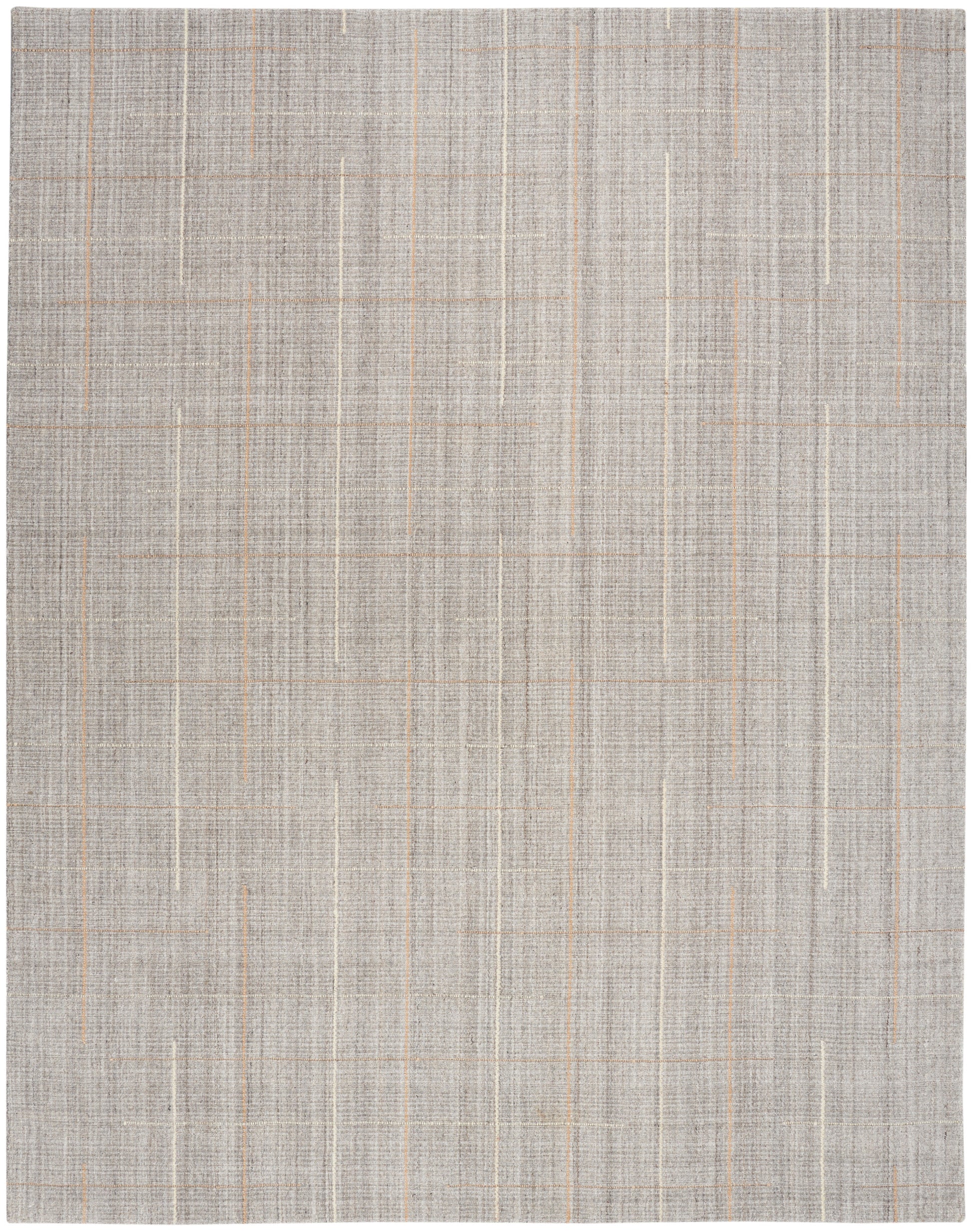 Neutral beige-gray woven rug with subtle vertical and horizontal plaid stripes; linen-like texture.