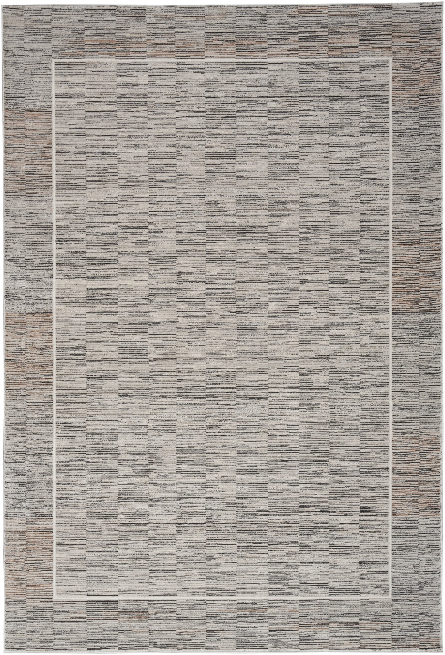 Rectangular gray-beige textured area rug with a subtle speckled pattern and a thin light border, modern neutral decor.