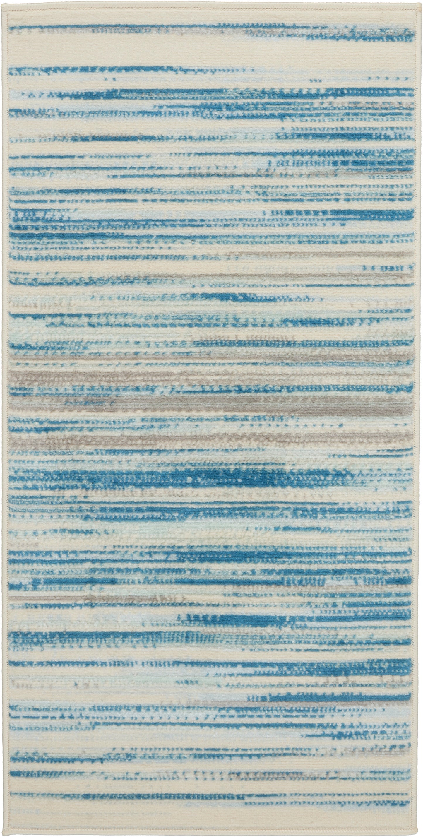 Rectangular woven rug with cream base and blue brushed stripes, modern coastal abstract design.