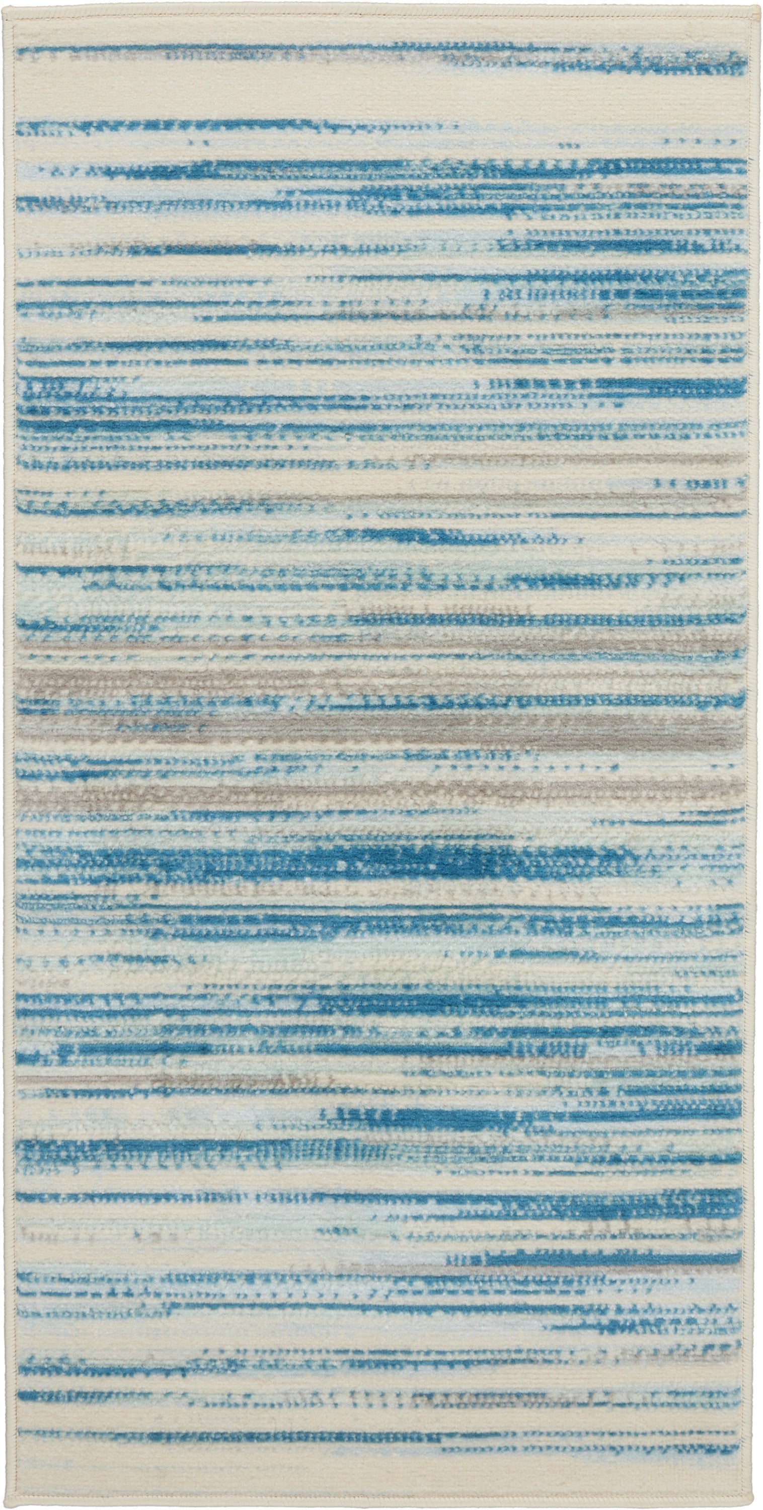 Rectangular woven rug with cream base and blue brushed stripes, modern coastal abstract design.