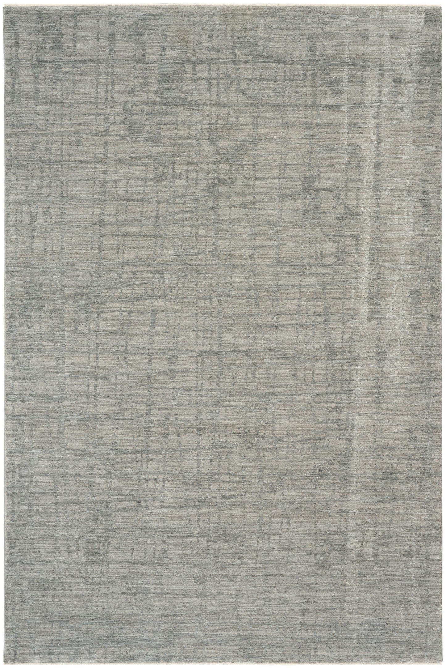 Grey distressed area rug with subtle abstract grid pattern in soft blue-gray tones, modern minimalist style.