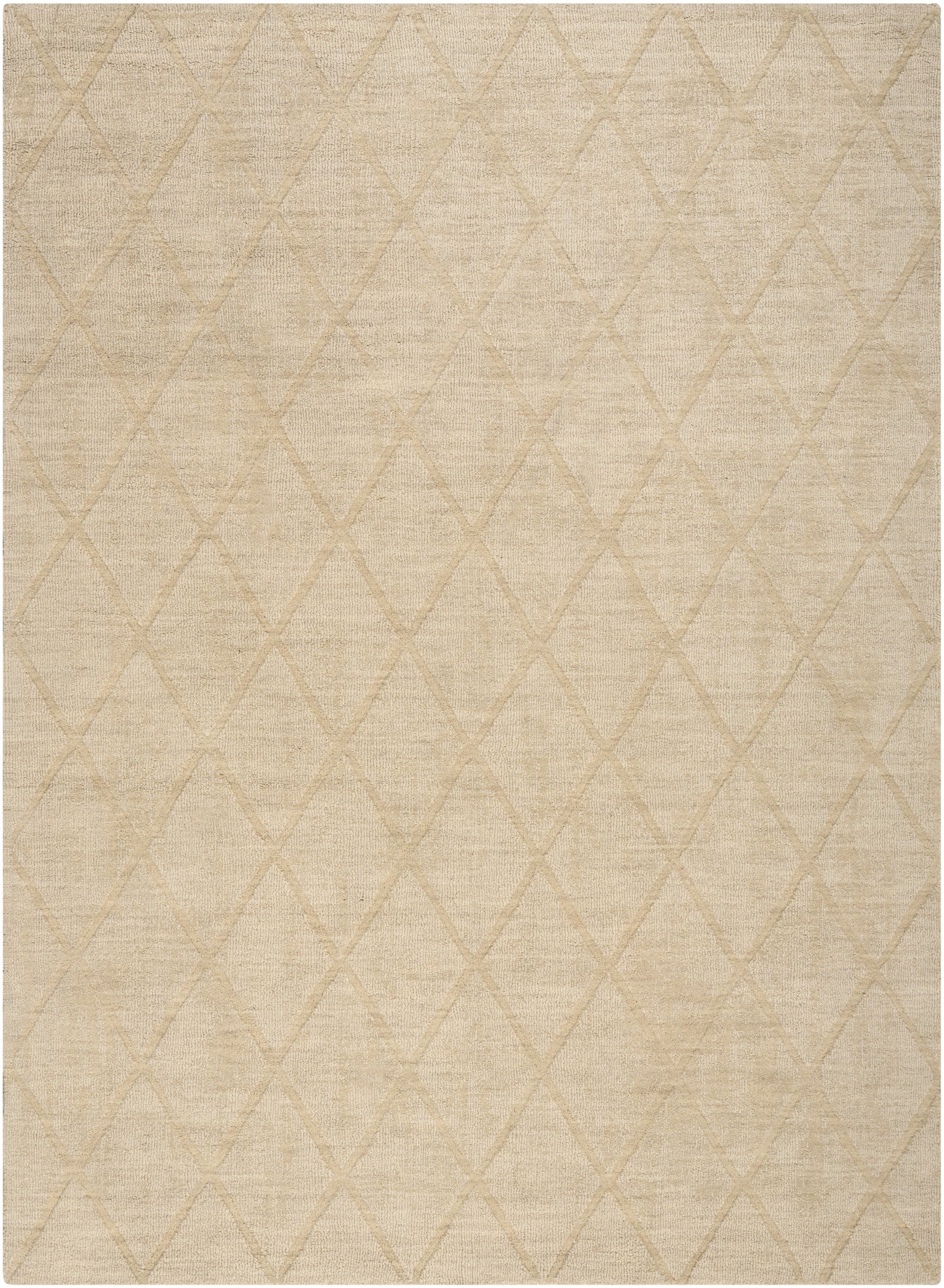 Beige area rug with a subtle diamond lattice pattern and soft woven texture.