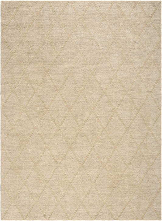 Beige area rug with a subtle diamond lattice pattern and soft woven texture.