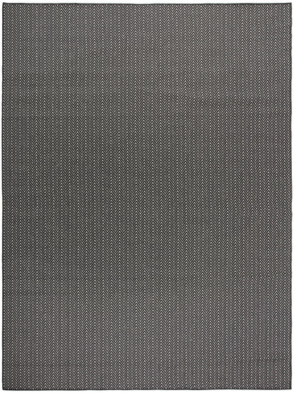 Rectangular woven rug with charcoal and cream herringbone pattern; modern, versatile living room decor.