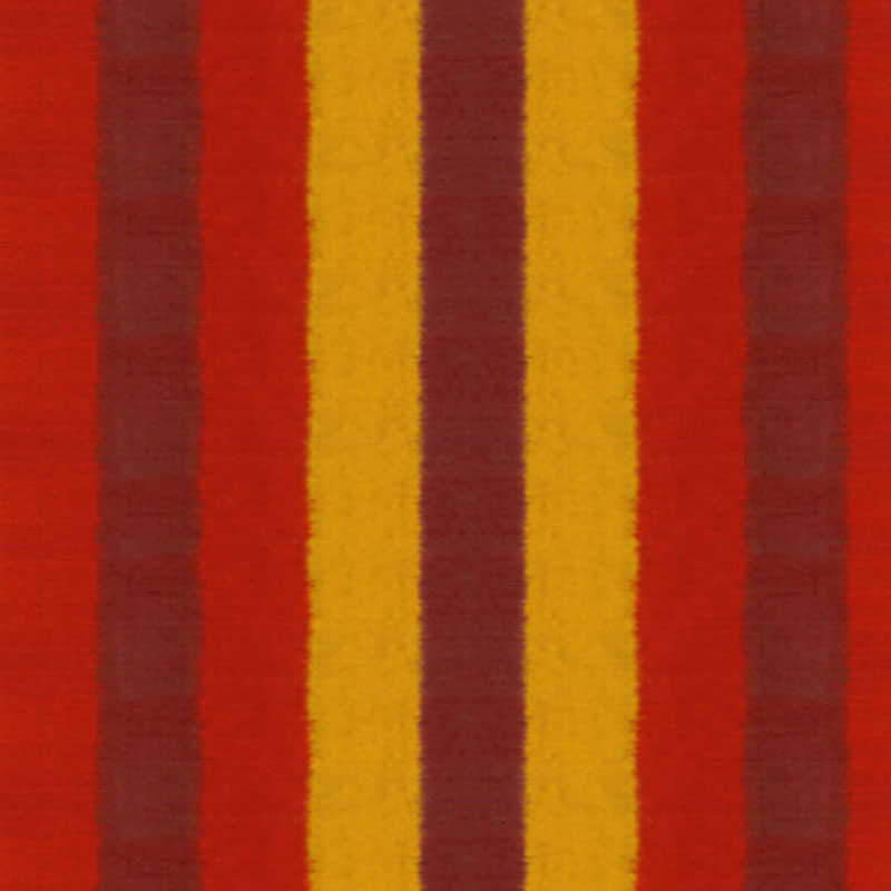 Bold vertical striped textile in orange-red, burgundy, mustard yellow and brown.