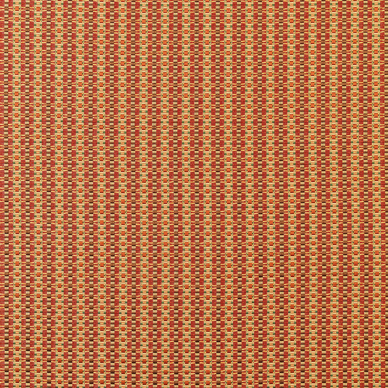 Woven fabric in orange, red, tan and cream with a small geometric pattern; rustic upholstery or decorative textile.