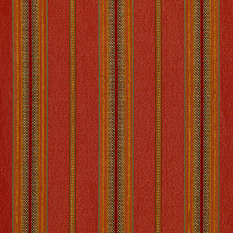 Red woven fabric with vertical multicolor stripes in gold, brown, beige and olive; rustic upholstery textile.