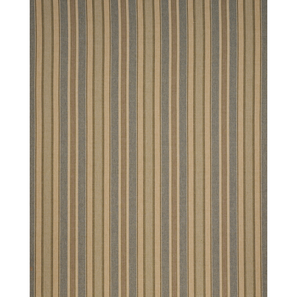 Vertical striped woven rug in tan, beige and blue-gray tones; contemporary rectangular decor.