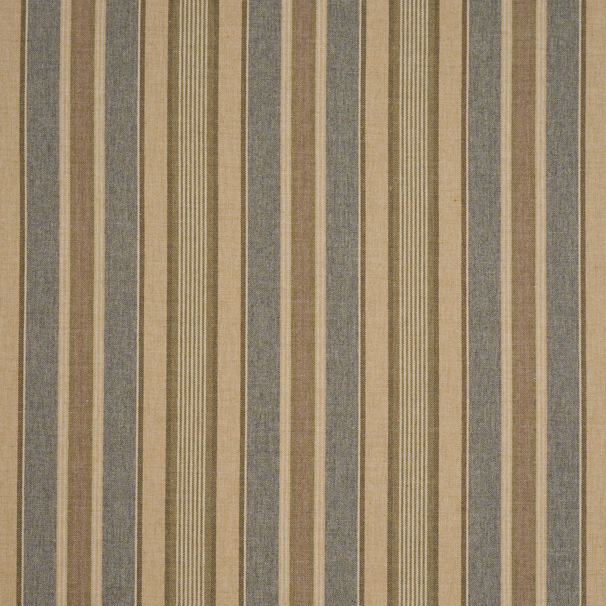 Woven fabric with vertical beige, tan and gray stripes in alternating widths.