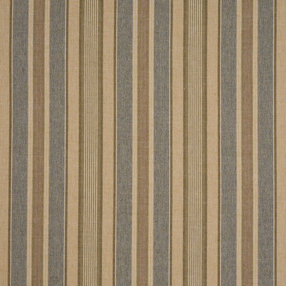 Woven fabric with vertical beige, tan and gray stripes in alternating widths.