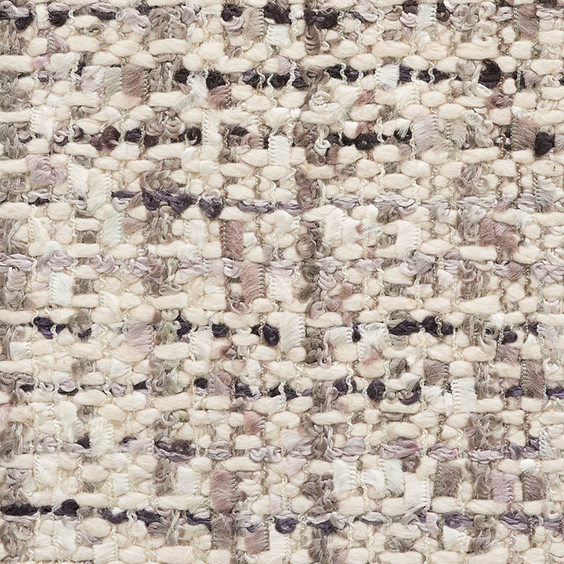 Cream & ivory boucle tweed fabric with gray & lavender specks; chunky woven texture swatch.