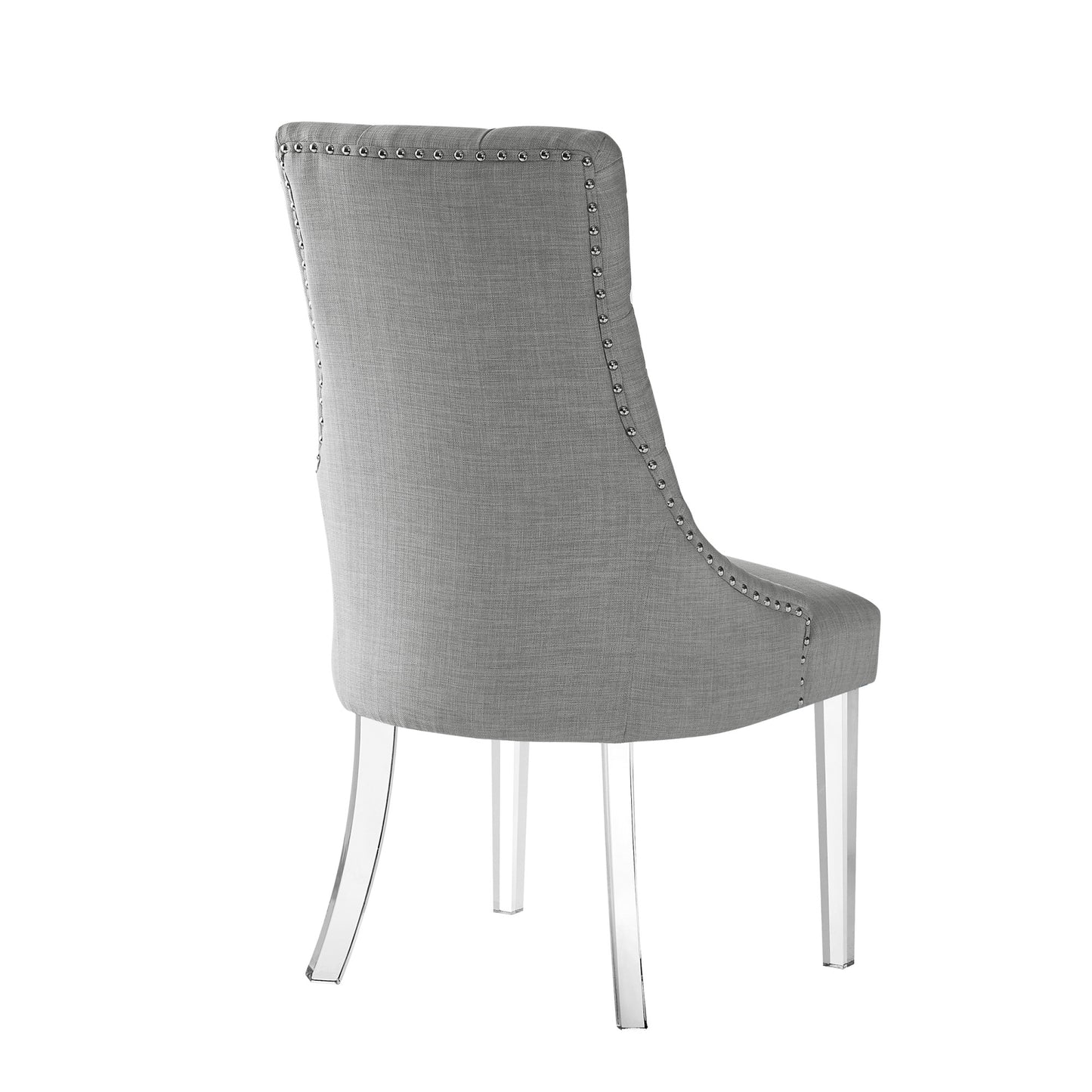 Set of Two Tufted Light Gray and Clear Upholstered Linen Dining Side Chairs