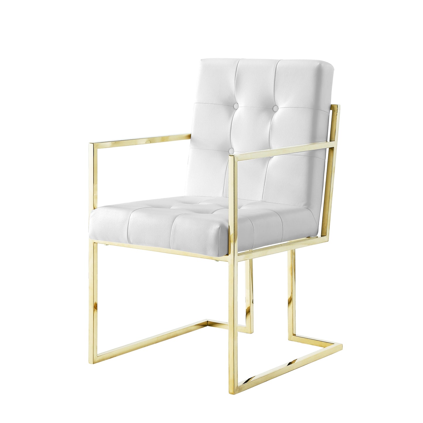 Set of Two Tufted White and Gold Upholstered Faux Leather Dining Arm Chairs