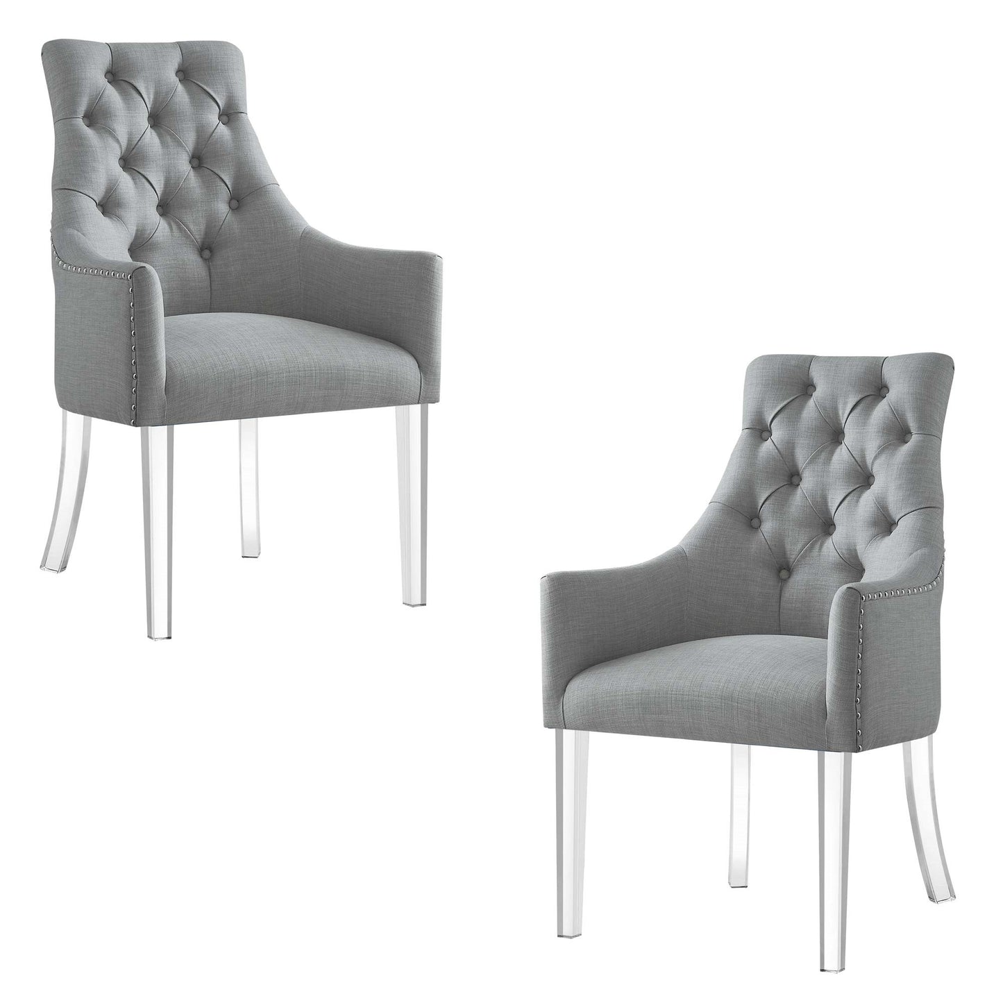 Set of Two Tufted Light Gray And Clear Upholstered Linen Dining Arm Chairs