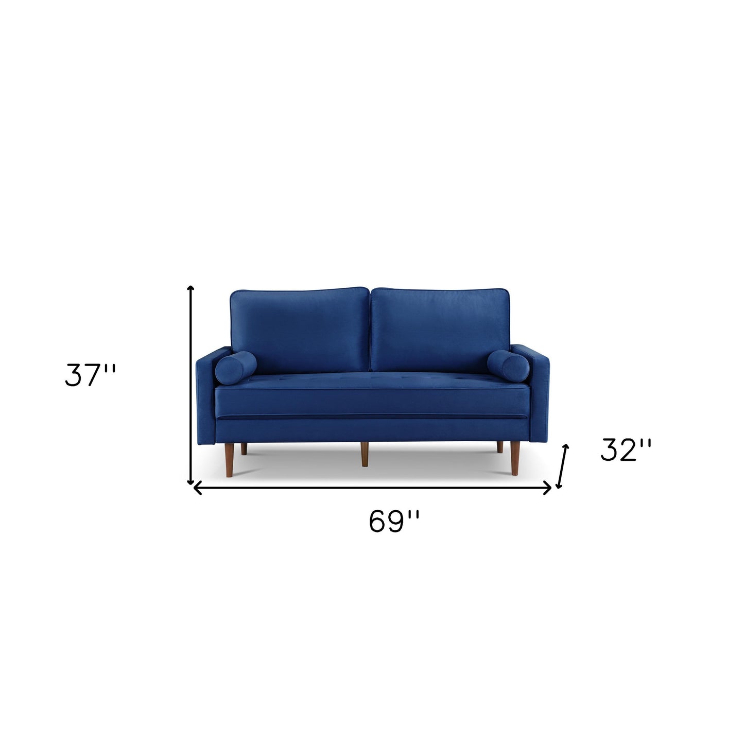 69" Blue Velvet Sofa And Toss Pillows With Dark Brown Legs