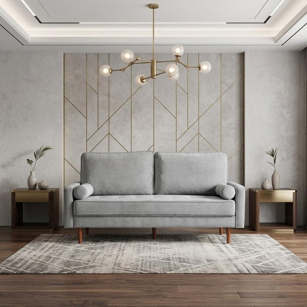 69" Gray Velvet Sofa And Toss Pillows With Dark Brown Legs