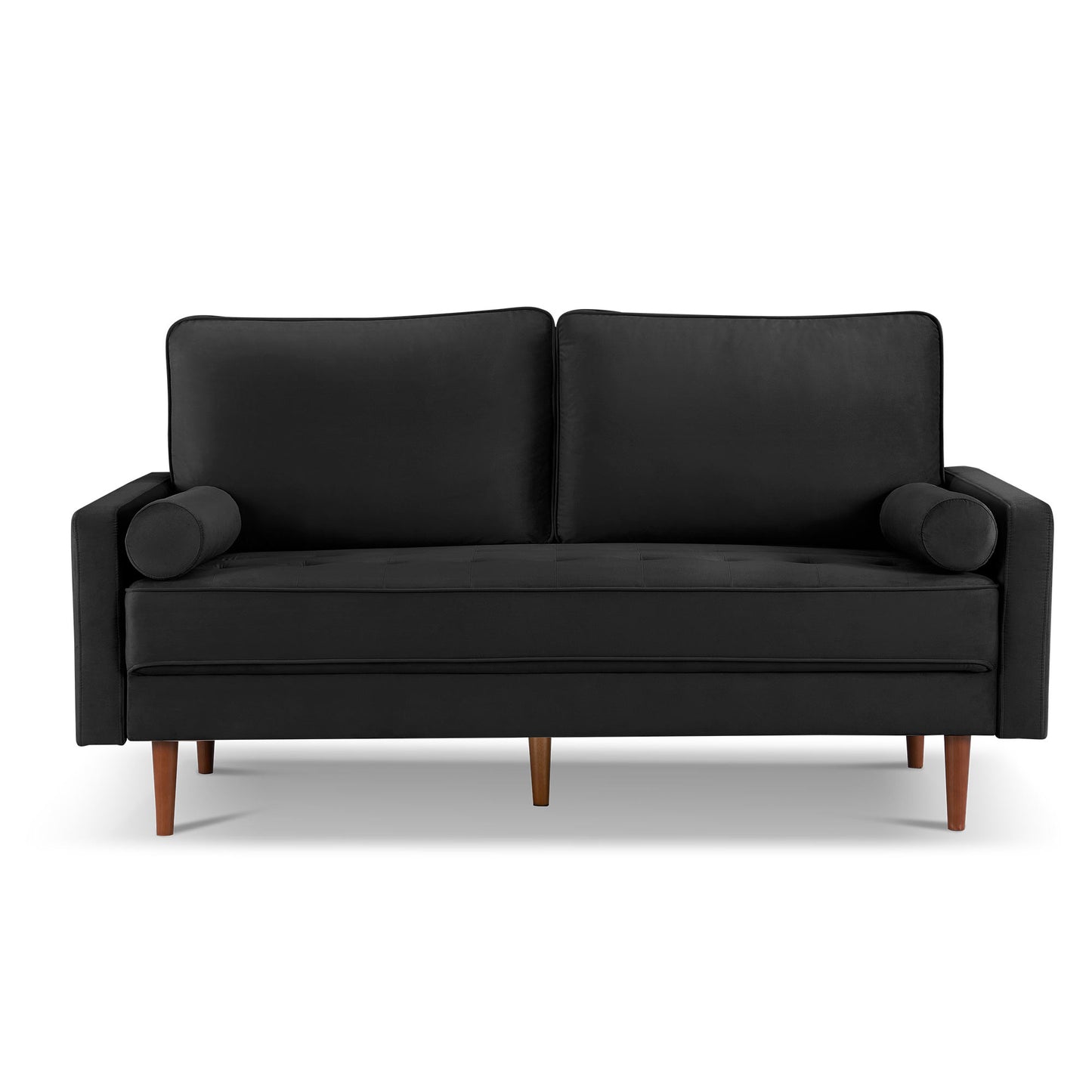69" Black Velvet Sofa And Toss Pillows With Dark Brown Legs