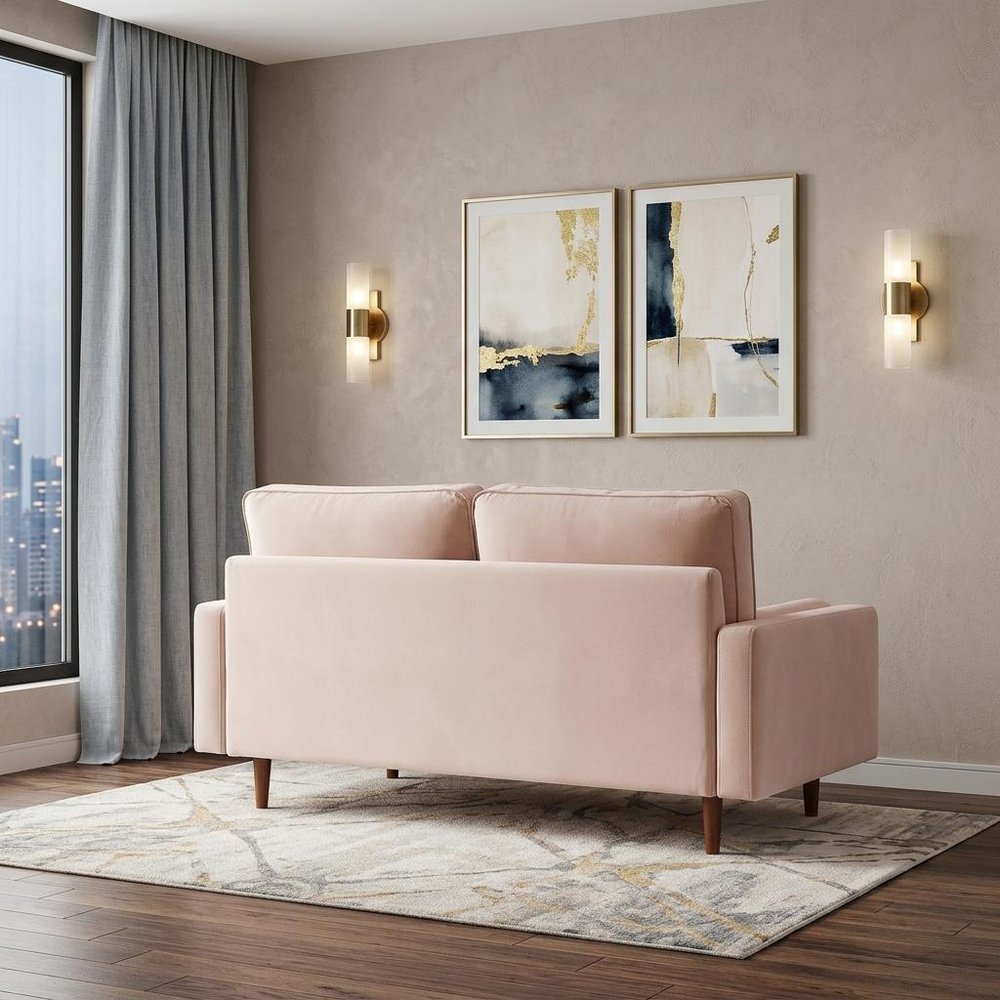 69" Beige Velvet Sofa And Toss Pillows With Dark Brown Legs