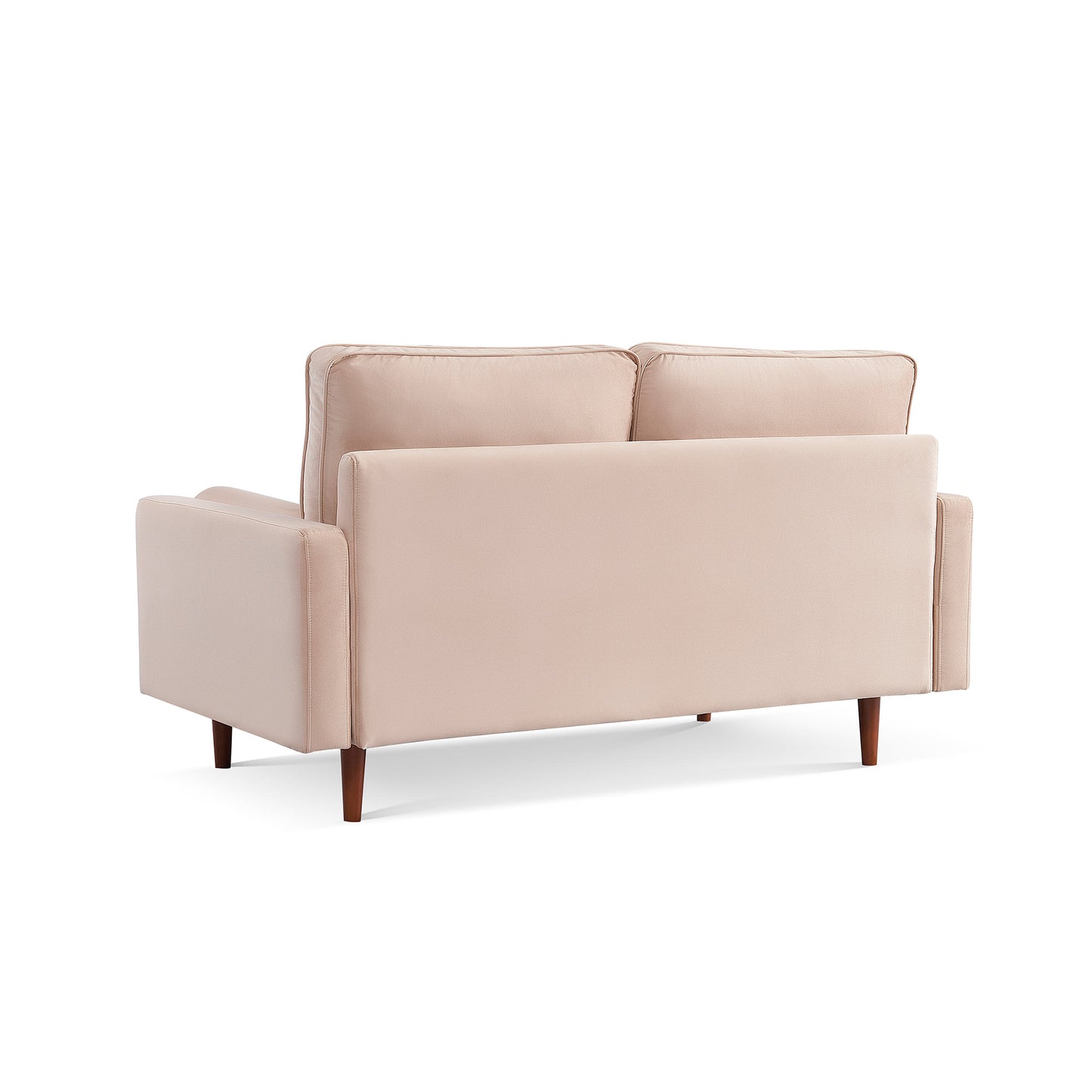 69" Beige Velvet Sofa And Toss Pillows With Dark Brown Legs