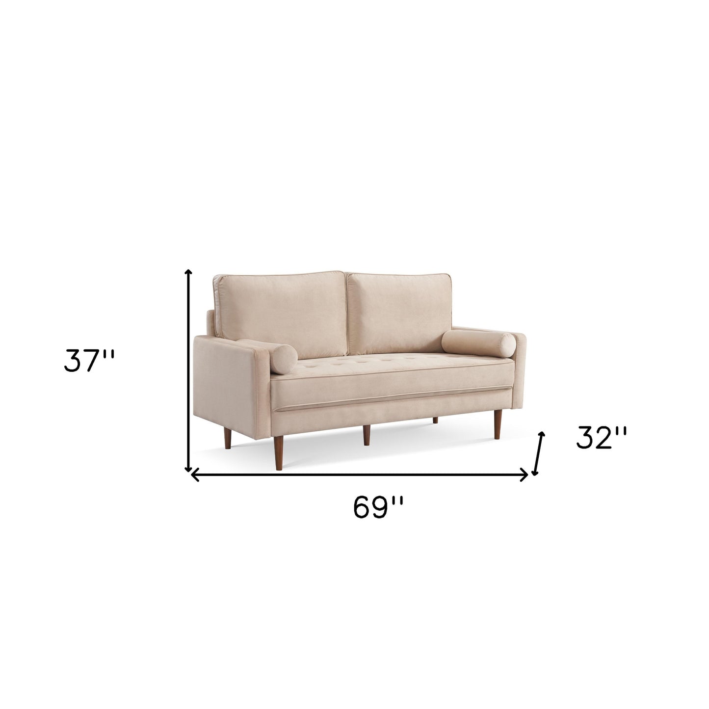 69" Beige Velvet Sofa And Toss Pillows With Dark Brown Legs
