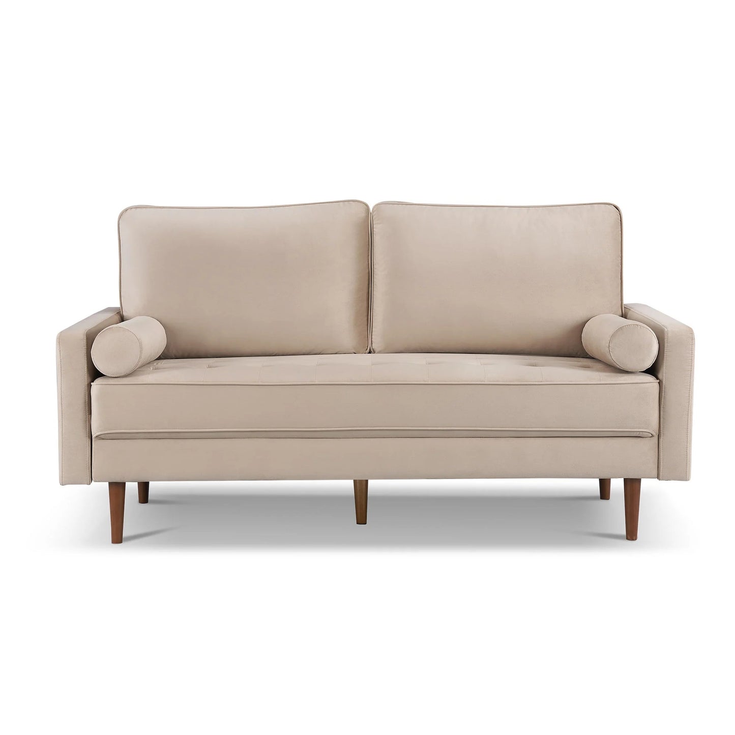 69" Beige Velvet Sofa And Toss Pillows With Dark Brown Legs