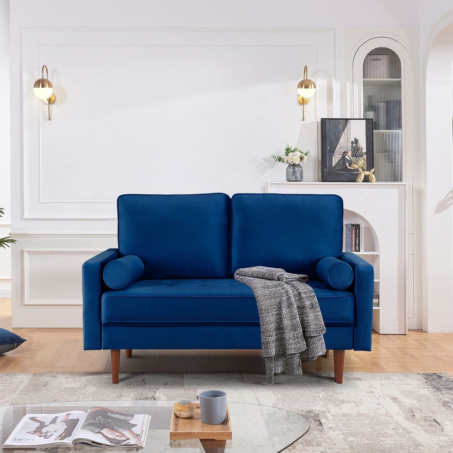 57" Blue And Dark Brown Velvet Loveseat and Toss Pillows