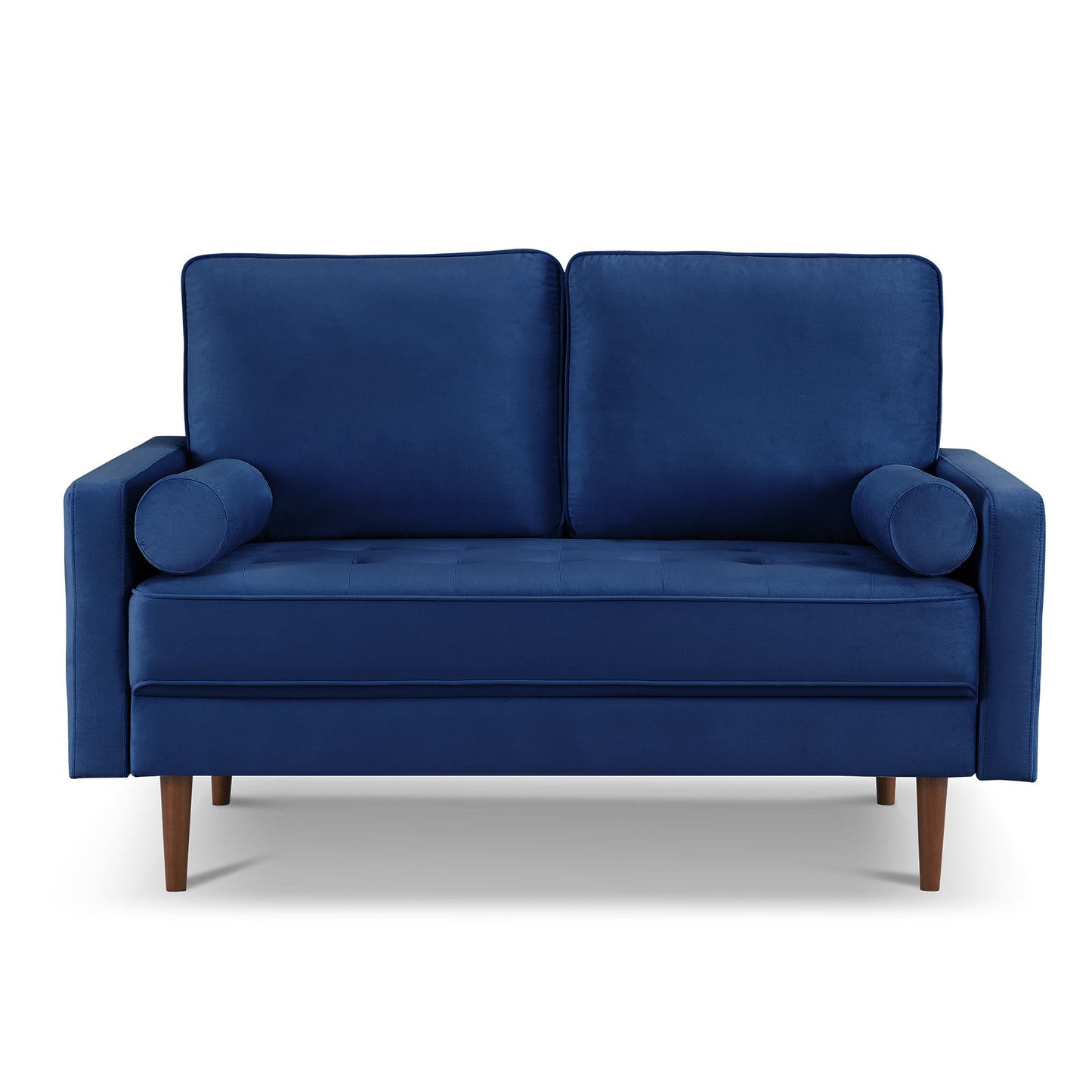 57" Blue And Dark Brown Velvet Loveseat and Toss Pillows