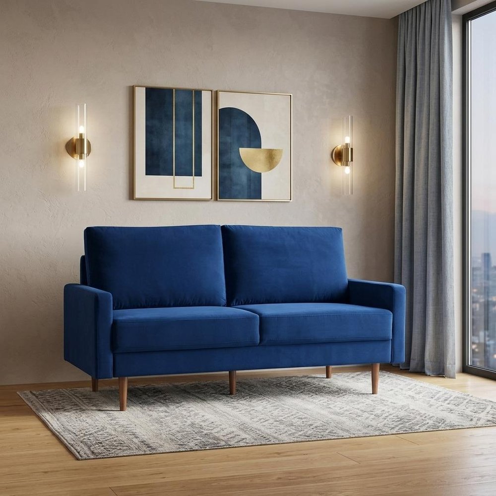 69" Blue Velvet Sofa With Dark Brown Legs