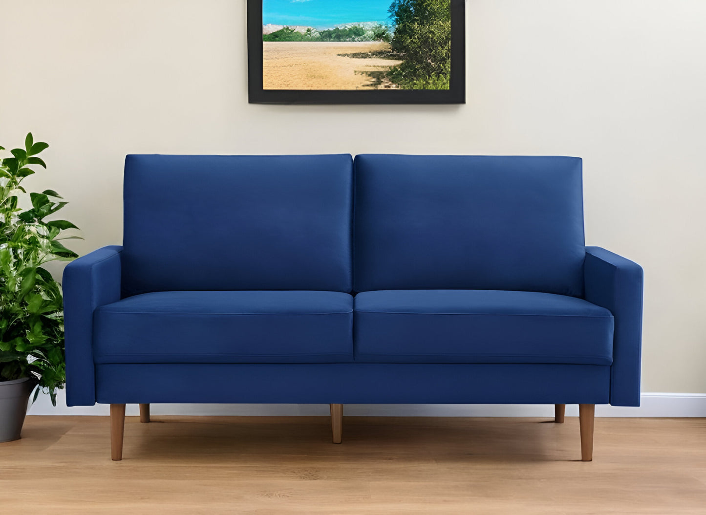 69" Blue Velvet Sofa With Dark Brown Legs