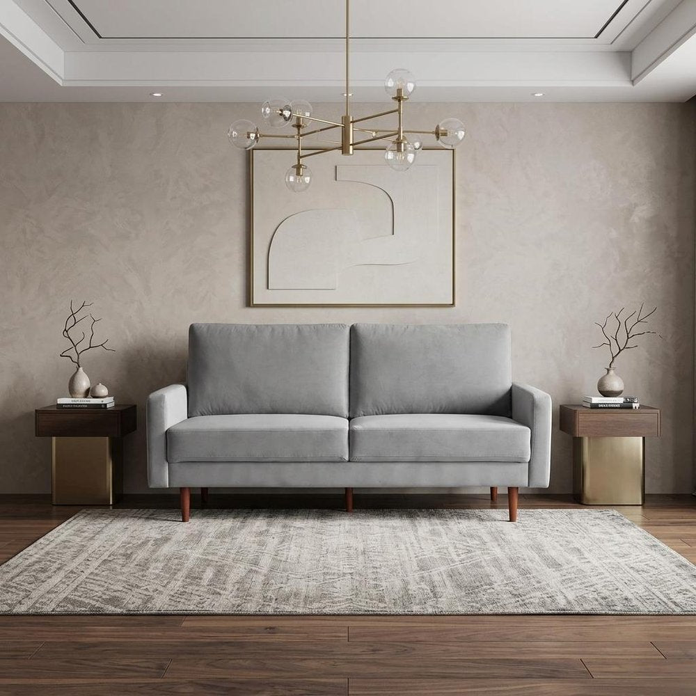 69" Gray Velvet Sofa With Dark Brown Legs