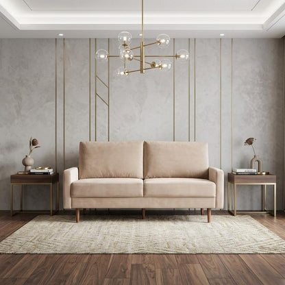 69" Beige Velvet Sofa With Dark Brown Legs