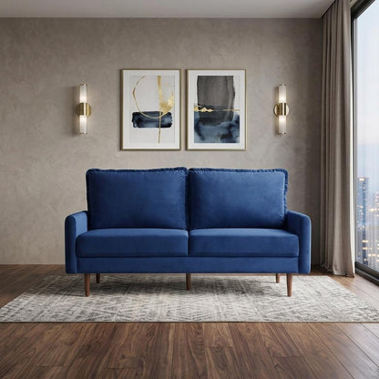 69" Blue Velvet Sofa With Dark Brown Legs