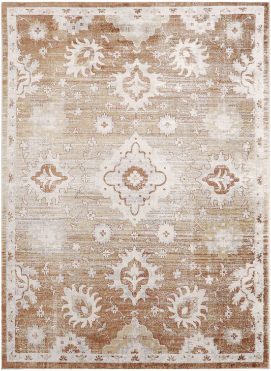Distressed beige-tan oriental area rug, 8' X 10', with ivory floral medallions, central diamond motif, & bordered edge.